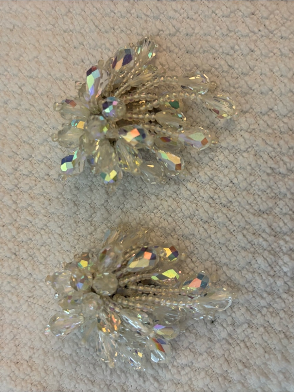 Crystal Bead Floral Cluster Clip earrings Clear Iridescent